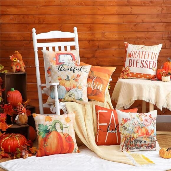 Fall Pumpkin Pillow Covers Set of 12 Thanksgiving Autumn Throw Pillow Cases 18x1 - Picture 7 of 8